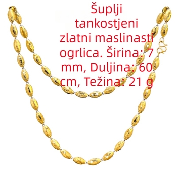 Muški ogrlica od mesinga s pozlatom, šuplje ovalnog oblika, duljina 51–60 cm