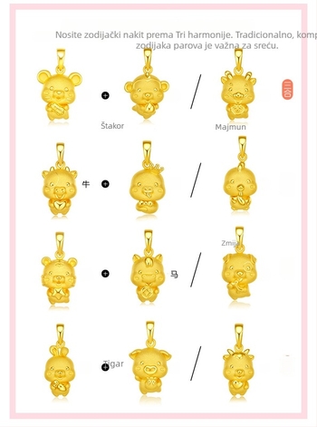 Unisex privjesak kineskog zodijaka Zec, godina rođenja, pozlaćena bakrena