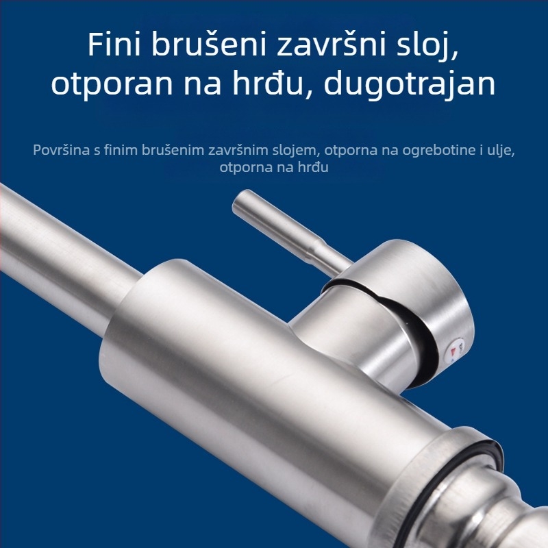 Nehrđajući čelični slavina za kuhinju, s toplom i hladnom vodom, okretni izljev, brušeni završni sloj, keramički kartridž, model My-slt183, 35 mm sjedalo ventila, jednoručni upravljač, ugradnja na ploču