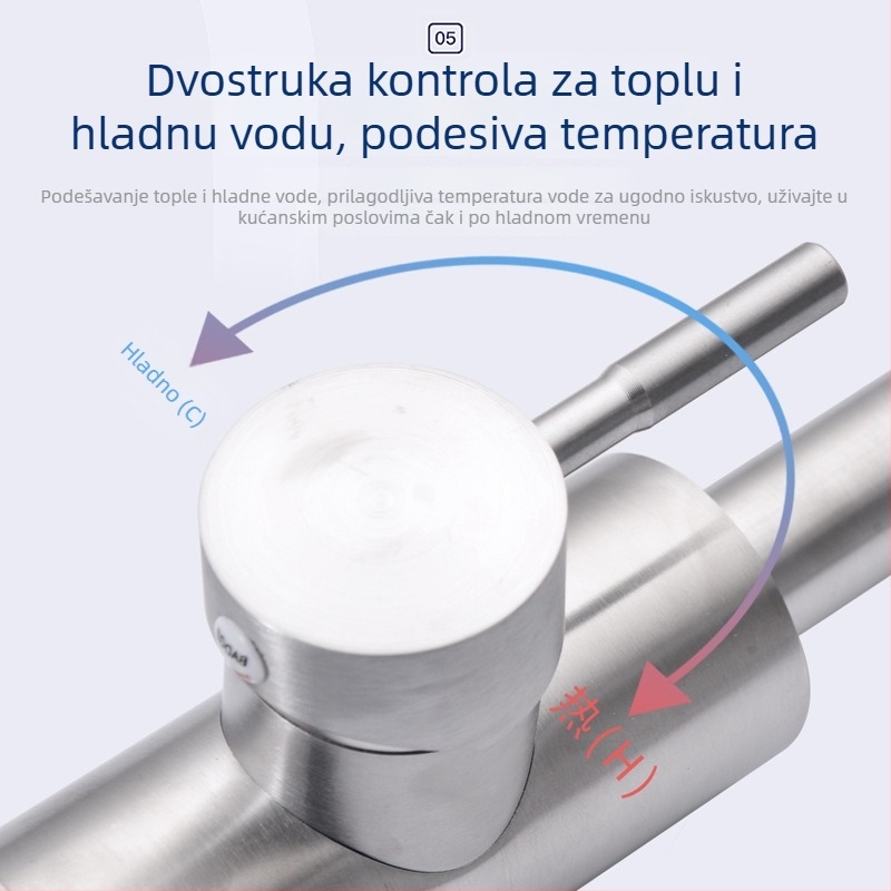 Nehrđajući čelični slavina za kuhinju, s toplom i hladnom vodom, okretni izljev, brušeni završni sloj, keramički kartridž, model My-slt183, 35 mm sjedalo ventila, jednoručni upravljač, ugradnja na ploču