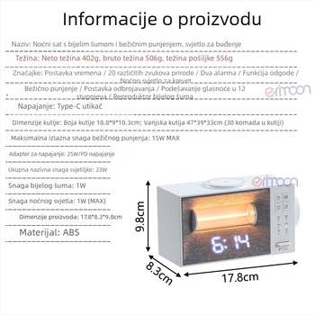 Nova višenamjenska budilica s bežičnim punjenjem i bijelim šumom, stolna lampica i noćna svjetiljka