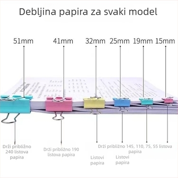 Šarene klipse za dosije s dugim vratom, crne i različitih veličina, za dokumente, račune, knjige i uredski materijal.