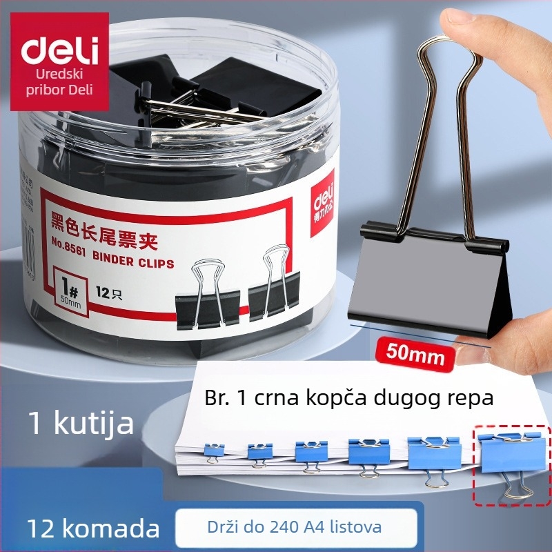 Deli 8561 Crni klips za bilješke i dokumente, klip s dugim repom u obliku lastinog repa / ribljeg repa, 12 komada, 51 mm