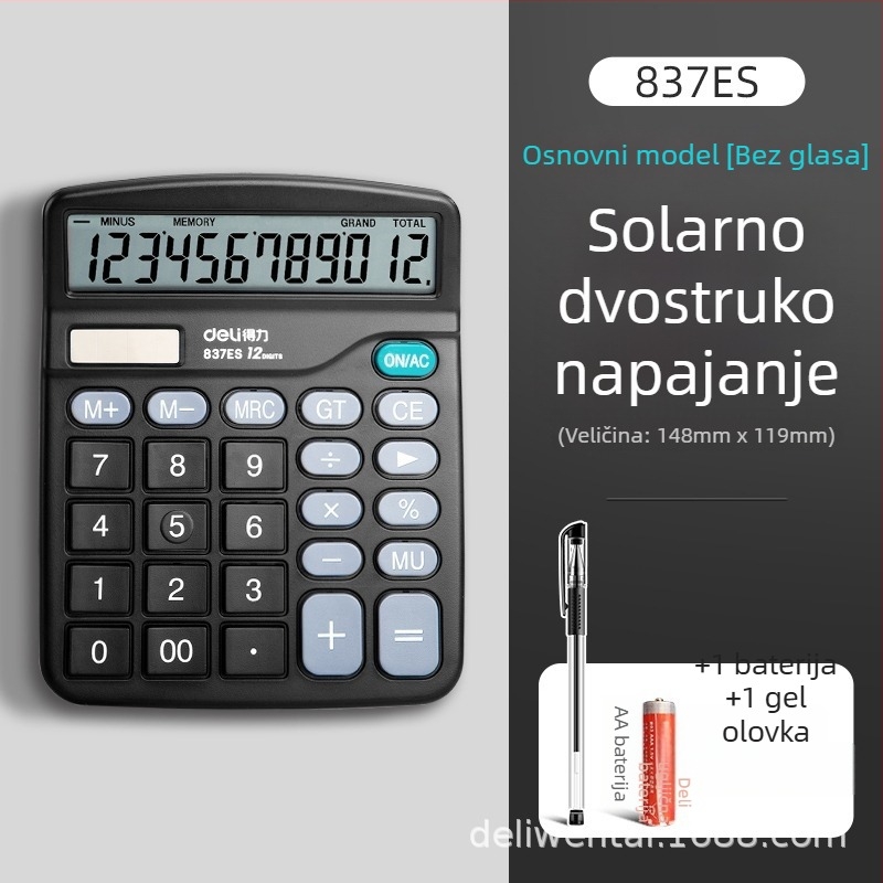 Deli 837Es kalkulator s velikim zaslonom, 12 znamenaka, dvostruko napajanje, bez zvuka, za financijsko računovodstvo i uredske potrebe