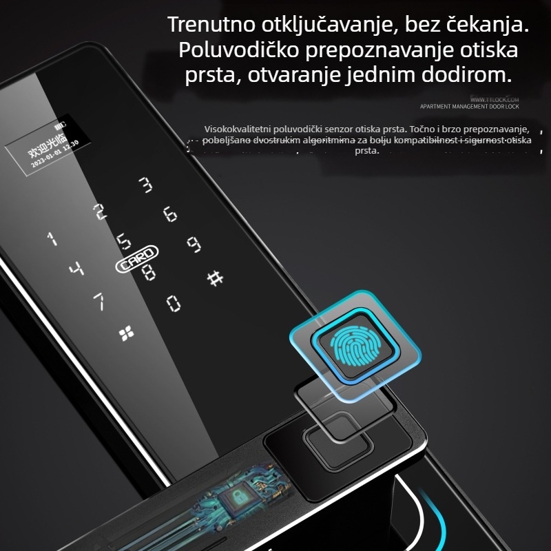 Pametni zaključavanje za ulazna vrata s biometrijskim otiskom prsta, lozinkom i pristupom karticom — moderni minimalistički dizajn.