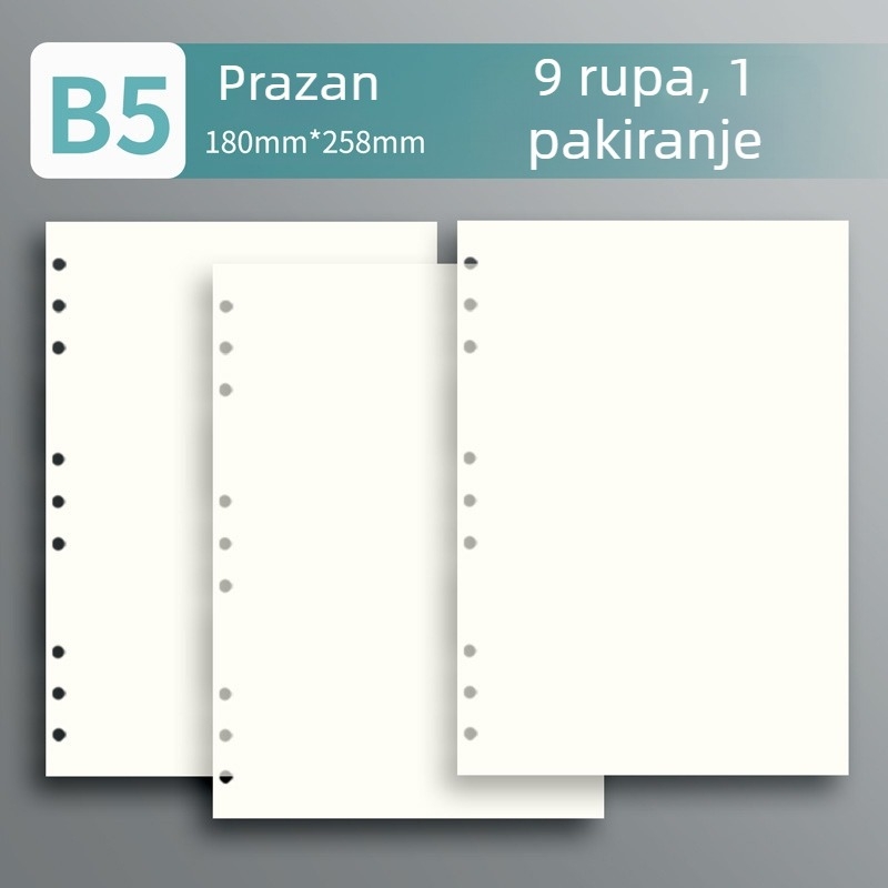 Zamjenski unutarnji list s 6/9 rupama — odvojive unutarnje stranice veličine A5, 60 listova, linije, kvadrati ili prazne
