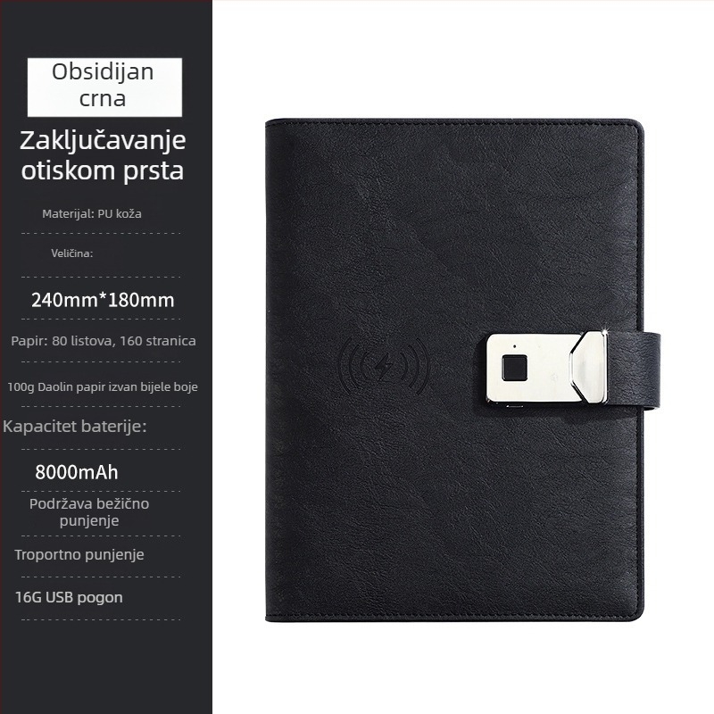 Bilježnica s zaključavanjem otiska prsta, ugrađena power banka i bežično punjenje — poslovni poklon set