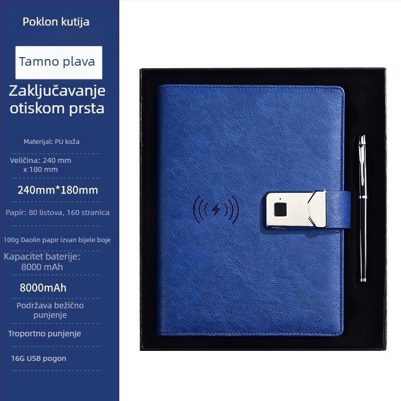 Bilježnica s zaključavanjem otiska prsta, ugrađena power banka i bežično punjenje — poslovni poklon set