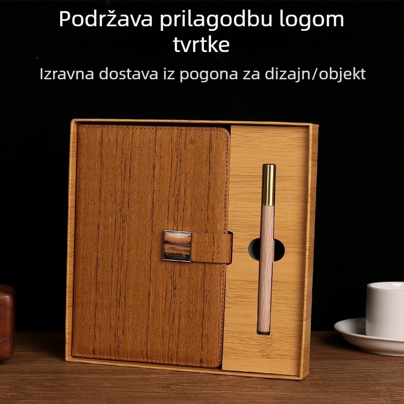 PU bilježnica s drvenim uzorkom, darovni set u kutiji, poslovna bilježnica s olovkom i prilagođenim logotipom