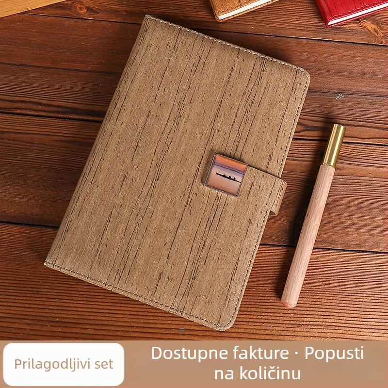PU bilježnica s drvenim uzorkom, darovni set u kutiji, poslovna bilježnica s olovkom i prilagođenim logotipom