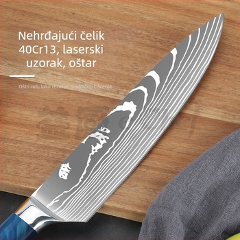 Set kuhinjskih noževa s damas dizajnom i plavom smolnom ručkom – nož za kuhara, Santoku i nož za povrće