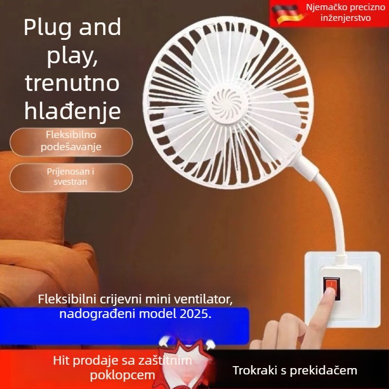 Prijenosni univerzalni mini ventilator za dom i spavaću sobu, s integriranim troipinskim utikačem i zaštitnim kućištem