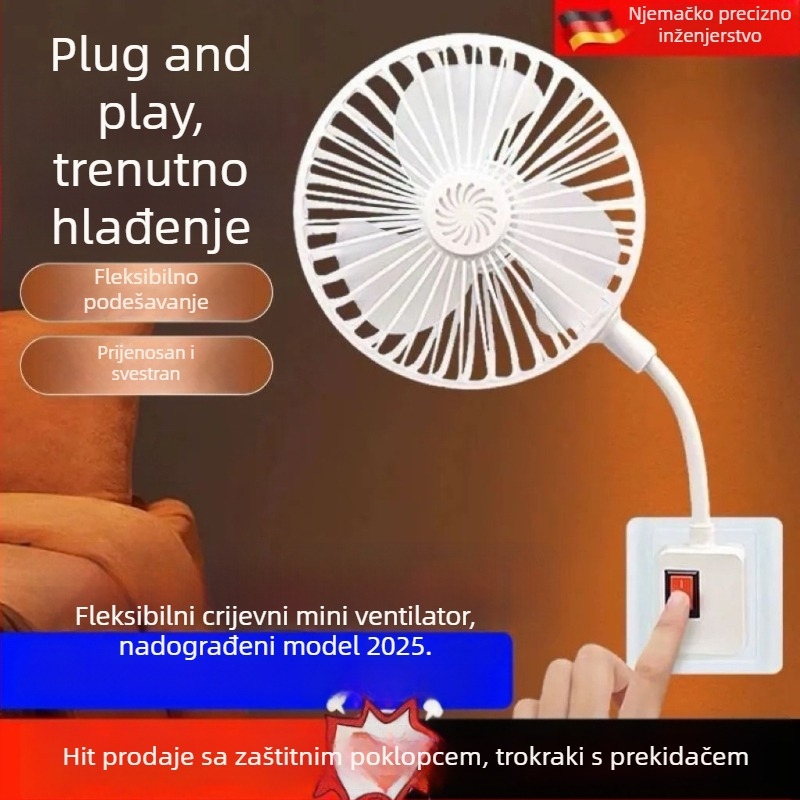 Prijenosni univerzalni mini ventilator za dom i spavaću sobu, s integriranim troipinskim utikačem i zaštitnim kućištem