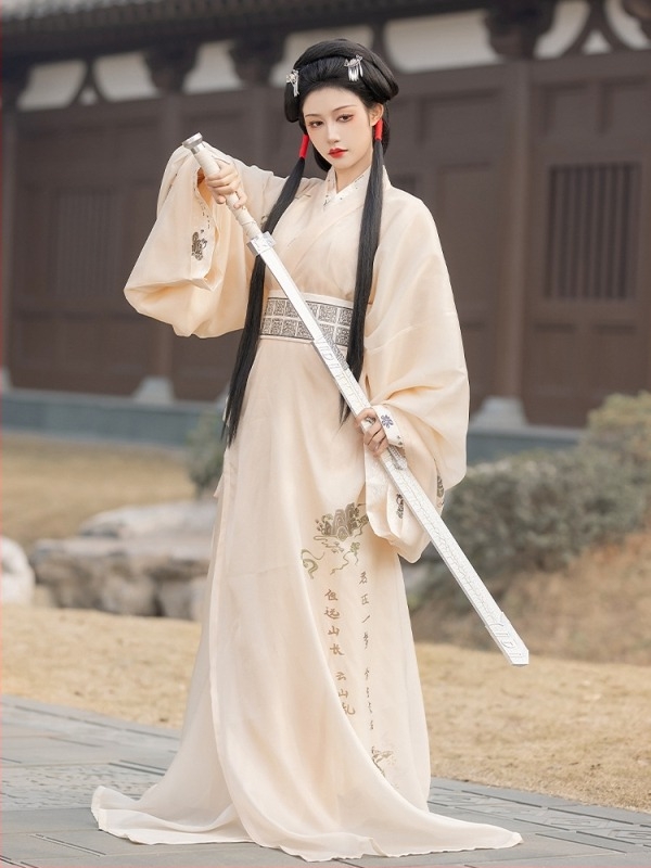 Hanfu haljina inspirirana dinastijom Han, restaurirani drevni kineski kostim s tekućim dugim rukavima i pravim rubom, geometrijska vezenina, poliester, ljeto