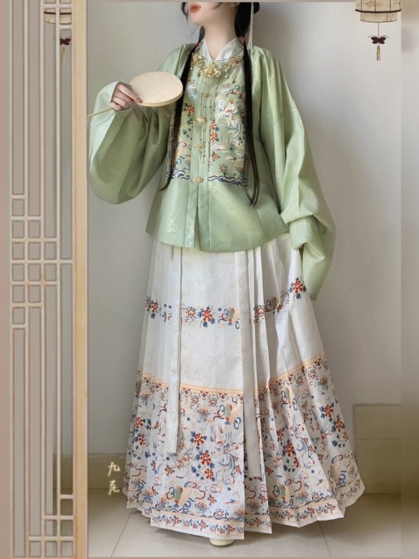 Hanfu dinastije Ming za žene, jacquard haljina s kvadratnim ovratnikom, patchwork, rukavi Pipa, suknja s konjskim licem, dugi rukavi, visoki struk