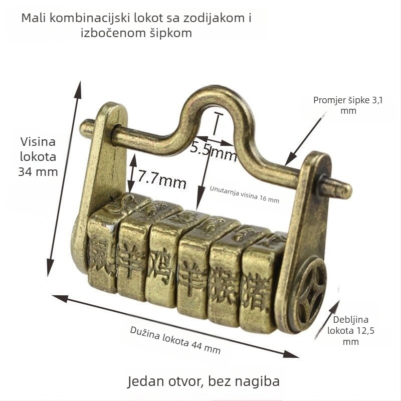 Kombinacijska brava s slovima – kineskog stila antikna brava, retro lokot za kutiju za nakit s vodoravnim otvaranjem
