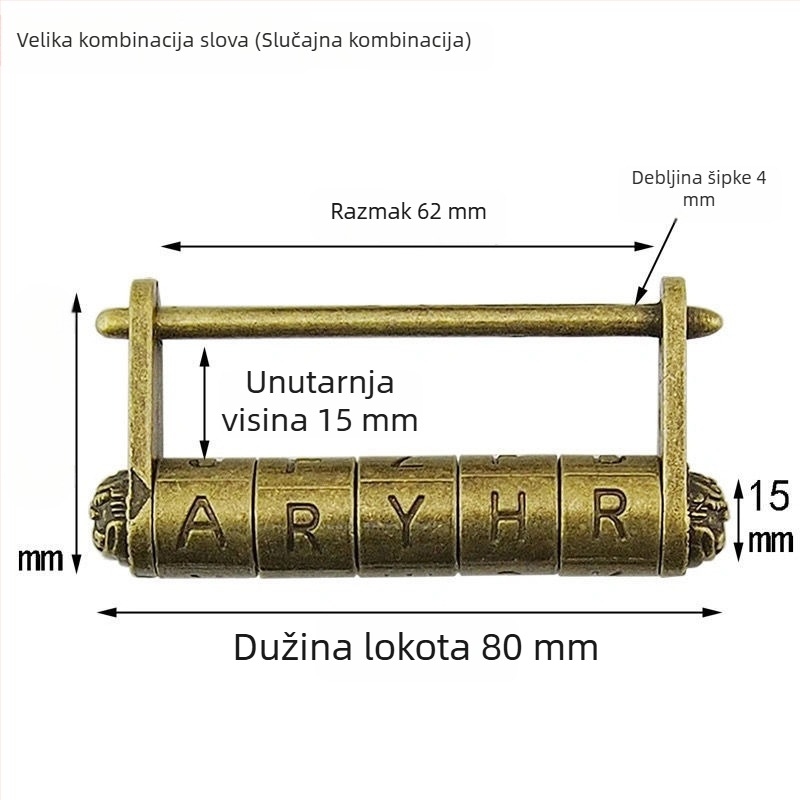 Kombinacijska brava s slovima – kineskog stila antikna brava, retro lokot za kutiju za nakit s vodoravnim otvaranjem