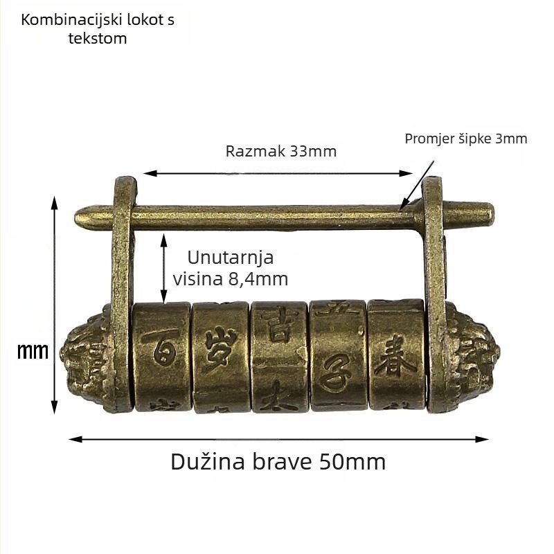 Kombinacijska brava s slovima – kineskog stila antikna brava, retro lokot za kutiju za nakit s vodoravnim otvaranjem