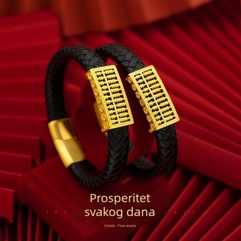 Muška narukvica od kože s abakusom, zlatno obložena, etnički stil s motivom RuYi
