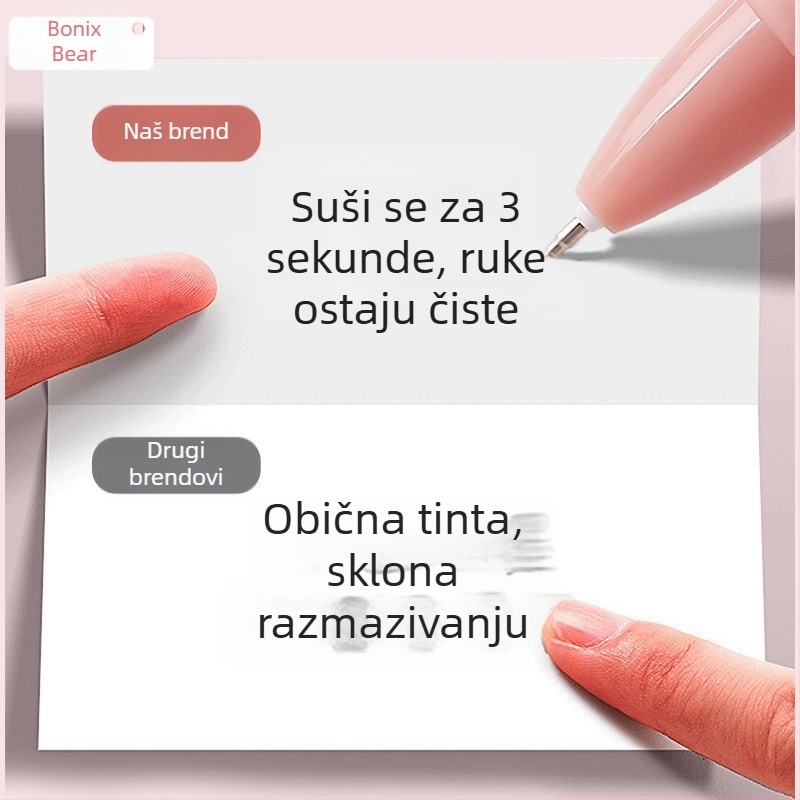 Crna olovka s četkasto-vršnim vrhom, brzo sušeća glatka tinta, pritiskom aktiviran mehanizam, ST vrh, zamjenska tinta
