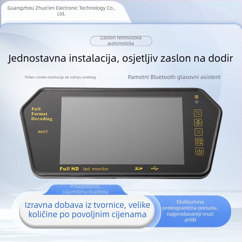 MP5 automobilni retrovizor s HD zaslonom, Bluetooth monitor i videoplayer, slika za vožnju unatrag, 7-inčni zaslon