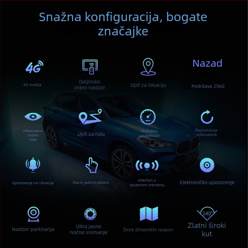 Automobilska dash kamera s infracrvenim noćnim vidom i 4G daljinskim pristupom, nadzor parkiranja, Wi-Fi, GPS pozicioniranje i praćenje putanje