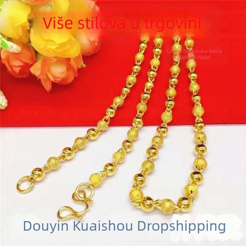 Muška bakrena ogrlica s 6 mm kuglicama, pozlaćena, s Buddha perlama, mat finiš pijeska zlata, duljina 51–60 cm