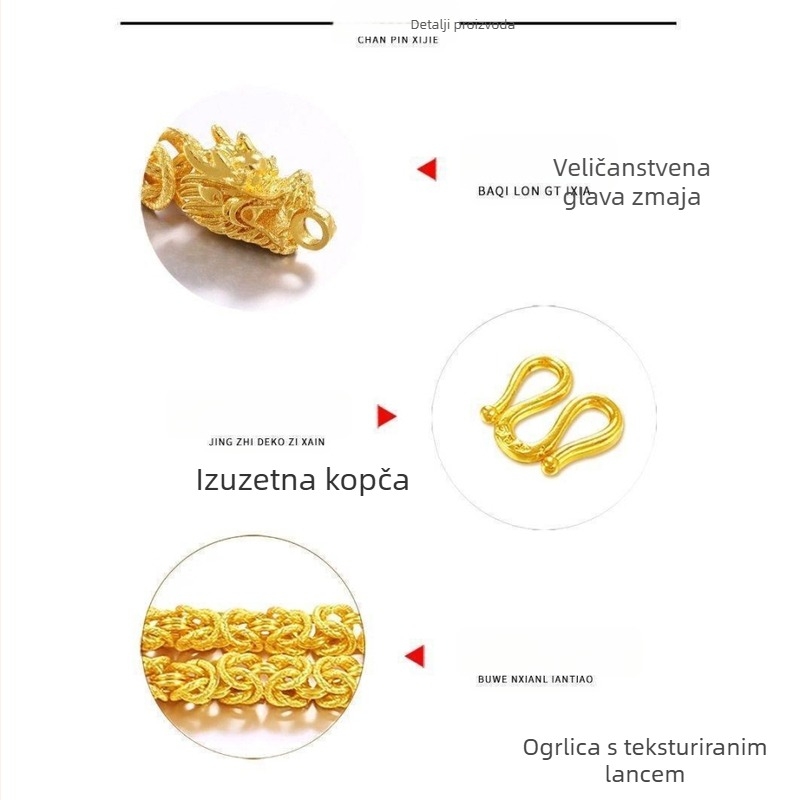 Zlatno pozlaćeni lanac od kostiju zmaja, mat tekstura, otporan na izblijedjenje, muškarci, 61–70 cm