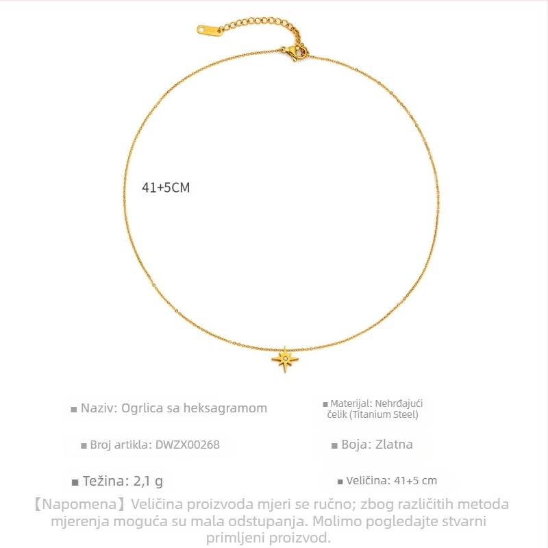 Nakit od nehrđajućeg čelika sa šestouglom zvijezdom, pozlaćen 18K zlatom, minimalistički lanac za ključnu kost, unisex