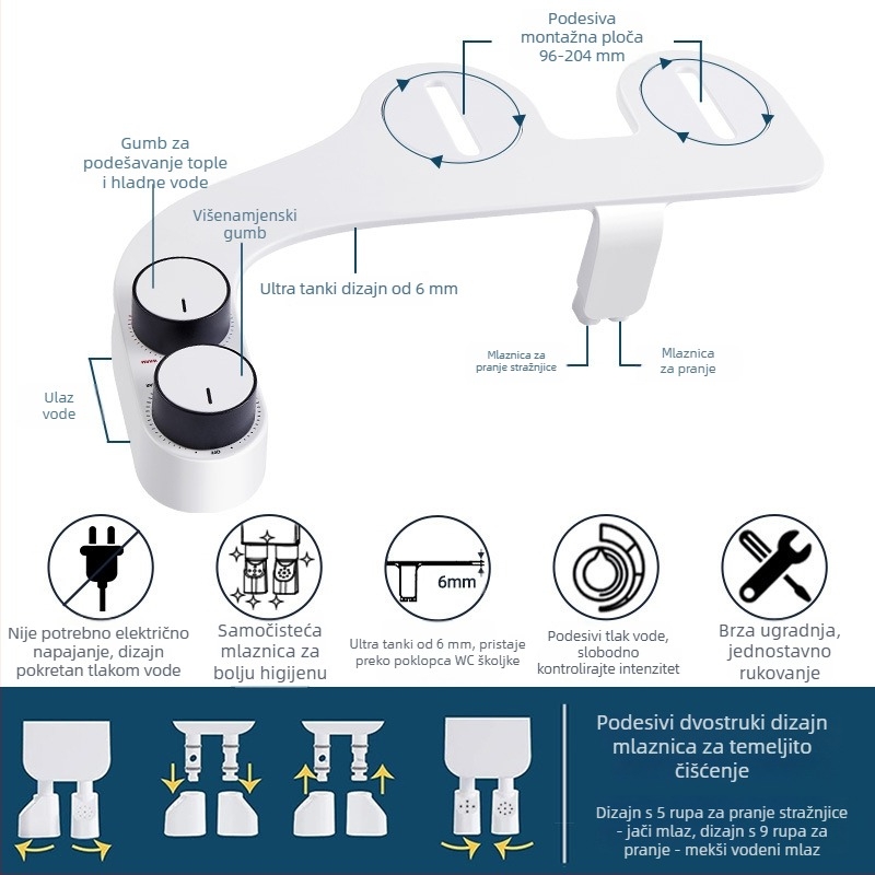 Bidet poklopac za WC s podesivom temperaturom vode (vruća/hladna), pranje stražnjice i ženske higijene, mlaznica s automatskim čišćenjem, model SL22