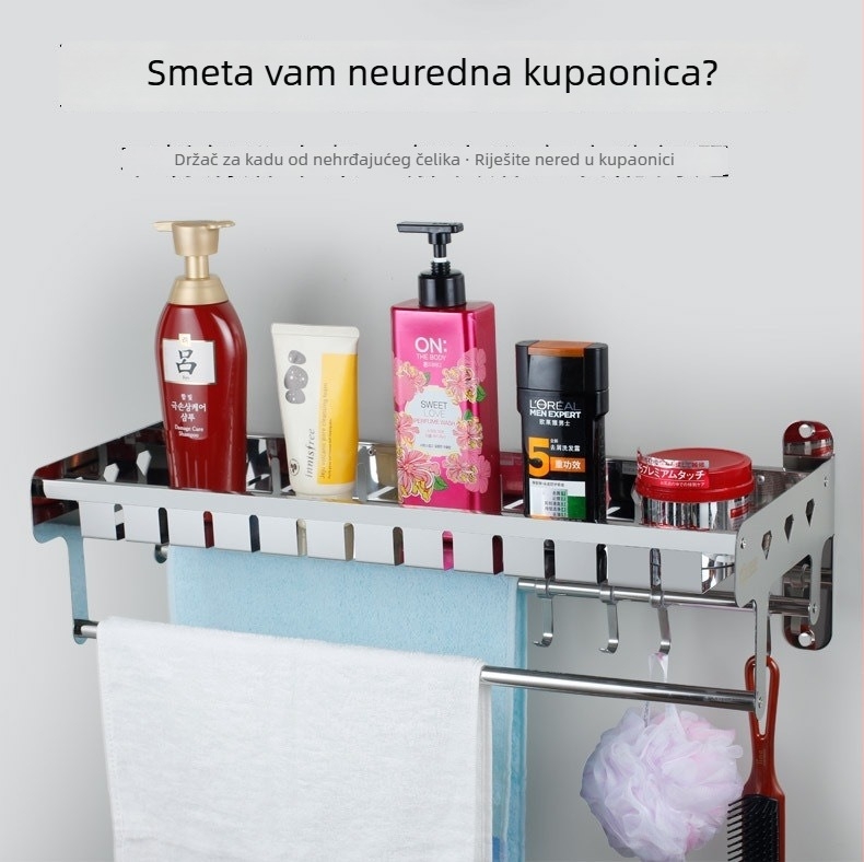 Stalak za zidnu pohranu od 304 nerđajućeg čelika, bez bušenja, za kuhinju i kupaonicu, s držačem za ručnike, višenamjenski, debela ploča s kanalima
