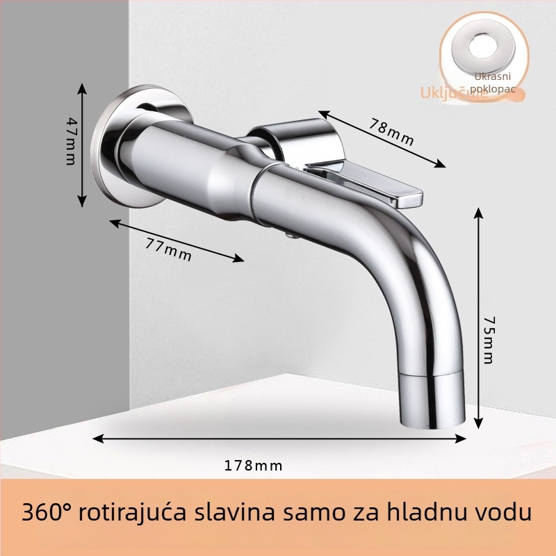 Ugradni zidni slavina za hladnu vodu za balkonsku praonicu/ umivaonik, s rotirajućim produženim izljevom i zaštitom od prskanja – poboljšana verzija