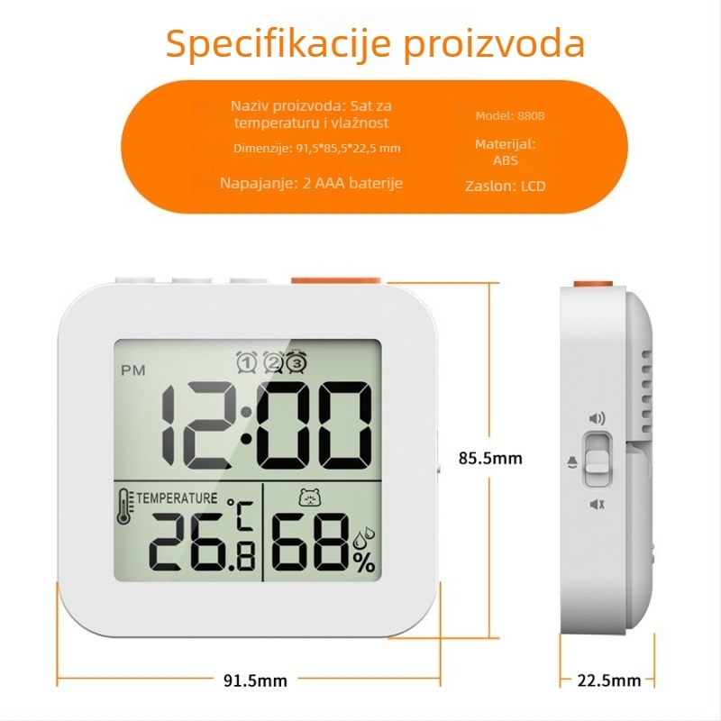 Set od tri budilice s termometrom i higrometrom, LCD zaslon, funkcija odgode buđenja i pozadinsko osvjetljenje, stolni sat