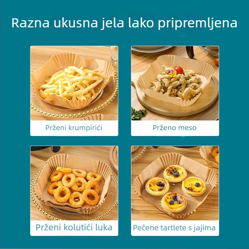 Kvadratni papir za air fryer – apsorbira ulje, otporan na masnoće, prehrambena kvaliteta, otporan na visoke temperature, za pečenje i roštiljanje.