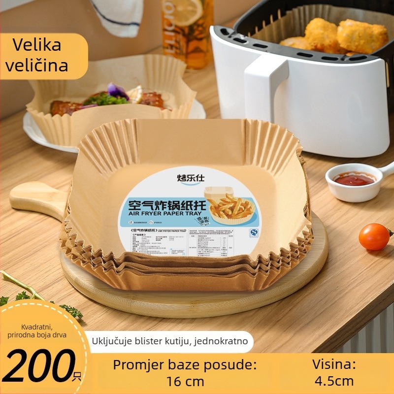 Kvadratni papir za air fryer – apsorbira ulje, otporan na masnoće, prehrambena kvaliteta, otporan na visoke temperature, za pečenje i roštiljanje.