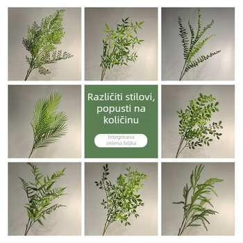 Zelena umjetna biljka u saksiji, s jednom stabljikom, unutarnja dekoracija za dnevnu sobu
