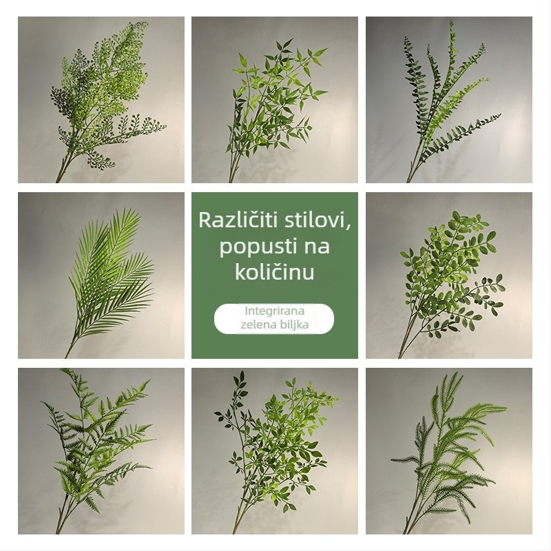Zelena umjetna biljka u saksiji, s jednom stabljikom, unutarnja dekoracija za dnevnu sobu