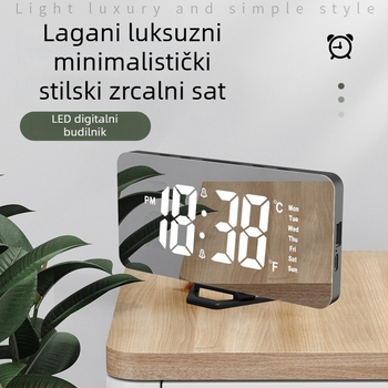Minimalistički LED ogledalni stolni budilnik, USB napajanje, digitalni zaslon, noćno svjetlo