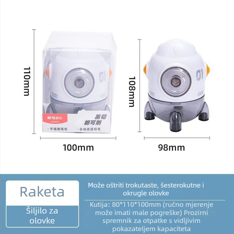 Oštrilo za olovke u obliku rakete, ručno okretno, karikatura dizajn, za skice