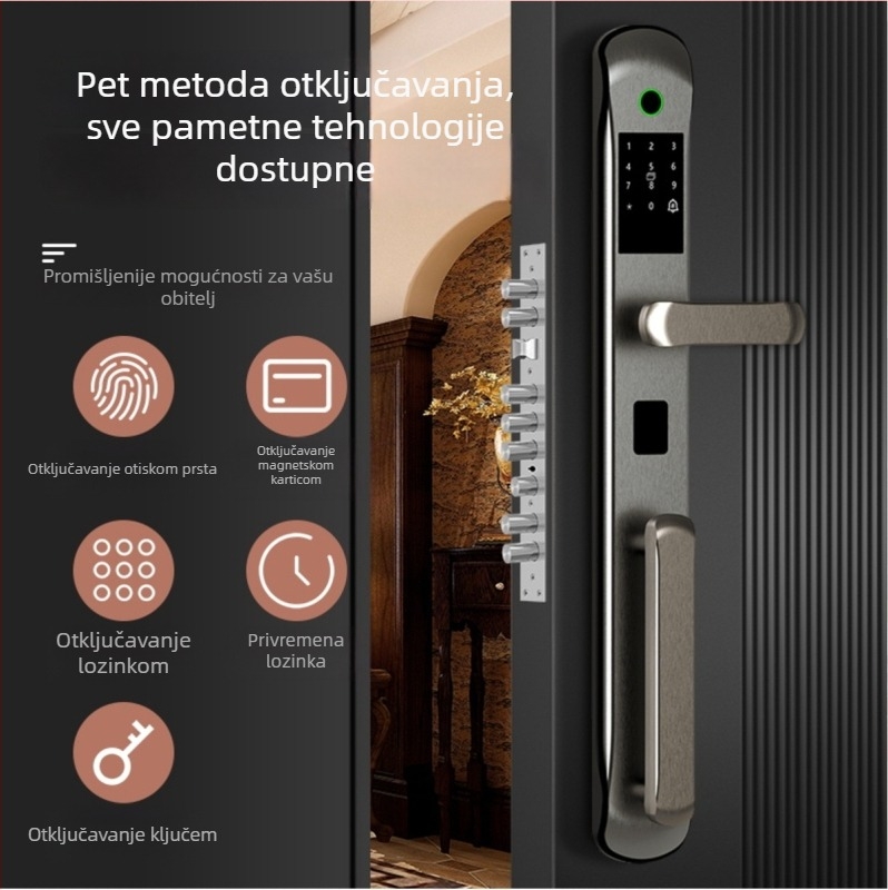 Brava s otiskom prsta za dvokrilna vrata vile, ručka od cinkovog legura, zaključavanje s lozinkom i produženi panel od nehrđajućeg čelika