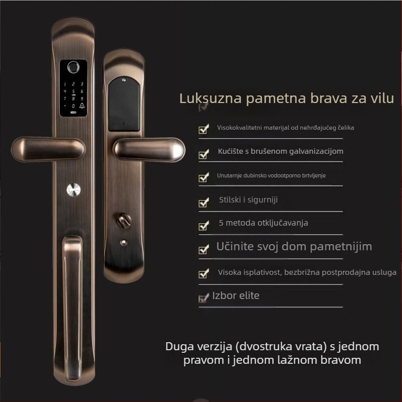 Brava s otiskom prsta za dvokrilna vrata vile, ručka od cinkovog legura, zaključavanje s lozinkom i produženi panel od nehrđajućeg čelika