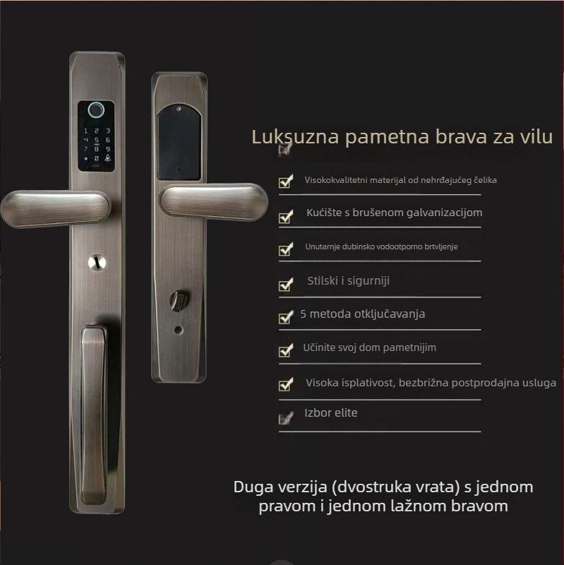 Brava s otiskom prsta za dvokrilna vrata vile, ručka od cinkovog legura, zaključavanje s lozinkom i produženi panel od nehrđajućeg čelika