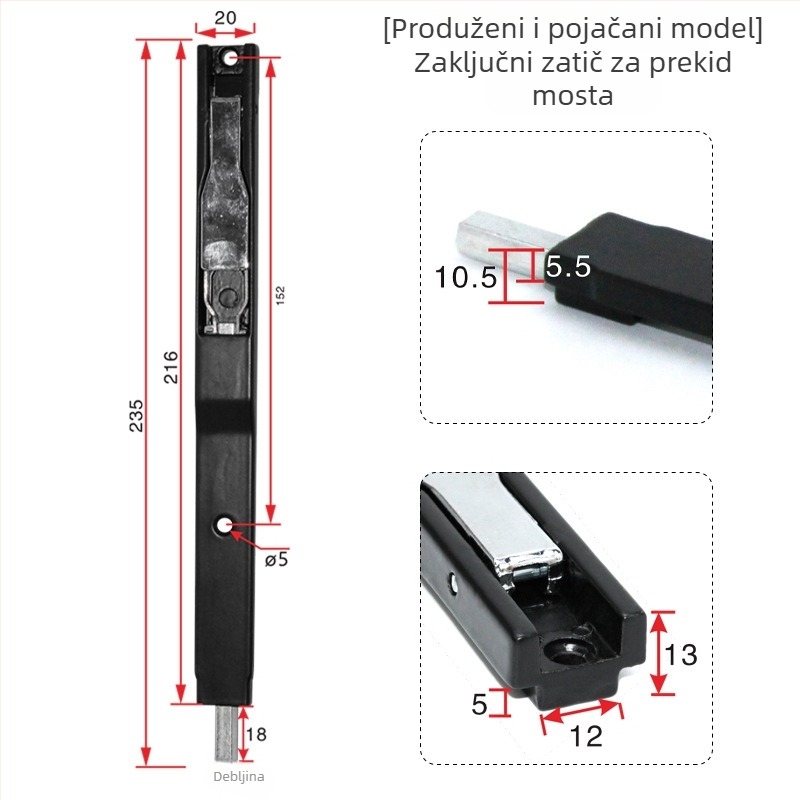 Višepunktni mehanizam za aluminijska vrata i prozore s termičkim razdvajanjem, površinska ugradnja, gornji i donji blok, protivkrađa
