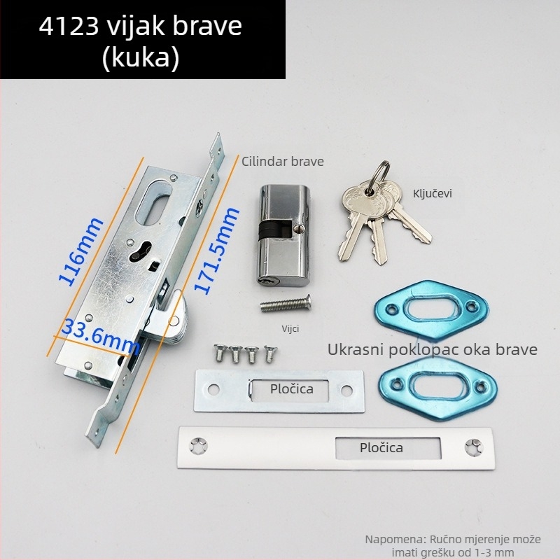 Mehanički set zaključavanja za dvostruka klizna vrata, cilindrična brava za okvir staklenih vrata, zaključavanje s ravnim jezičkom za pod, kukasti zaključak za vrata od aluminijske legure i PVC-a