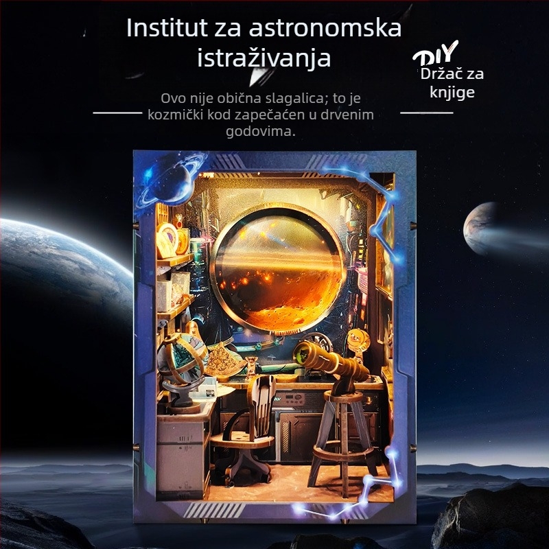 DIY Drveni Držač Knjiga: Astronomski Istraživački Institut, ručno sastavljena 3D mini kućica, puzzle dekorativni ukras