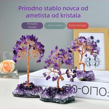 Ametist stablo sreće s kristalnom bazom — ukras za dom, moderni minimalistički stil, ljubičasta