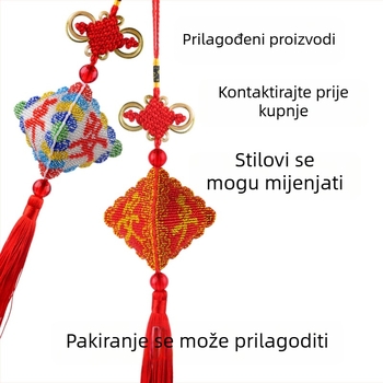 Auto visi ukras s trostrukom križićnom izvezenom, talisman mira s perlicama, crvena podloga, 14CT platno
