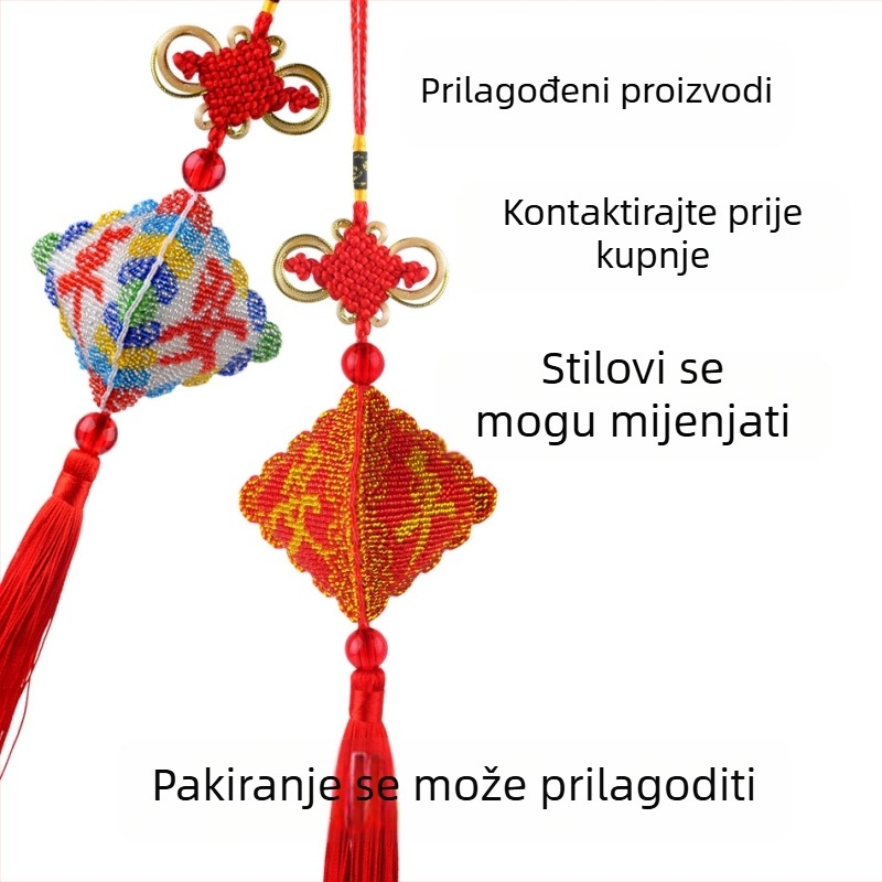 Auto visi ukras s trostrukom križićnom izvezenom, talisman mira s perlicama, crvena podloga, 14CT platno