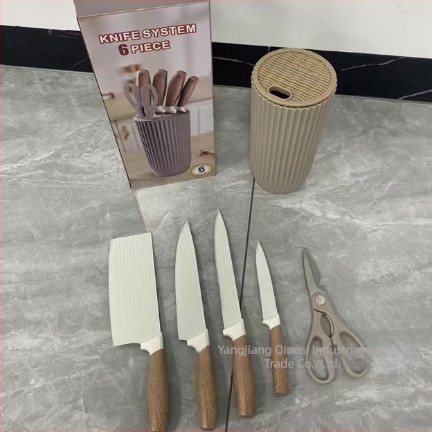 Set noževa za kuhinju od nehrđajućeg čelika, 6-dijelni, drška s drvenim uzorkom, kaki boja, šesterokutni dijamantni uzorak, debljina oštrice 1,2 cm, duljina oštrice 23 cm