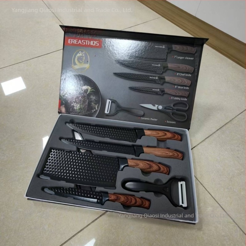 Set noževa za kuhinju od nehrđajućeg čelika, 6-dijelni, drška s drvenim uzorkom, kaki boja, šesterokutni dijamantni uzorak, debljina oštrice 1,2 cm, duljina oštrice 23 cm